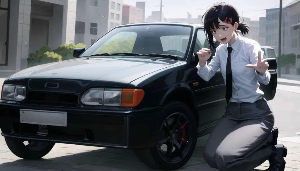 A young woman with black hair and red eyes is kneeling in front of a black car. She is wearing a white shirt, black pants, and a tie. The car is a black VAZ-2107 with a white license plate. The woman has her hands on the car's hood and she is looking at the camera with a surprised expression on her face.