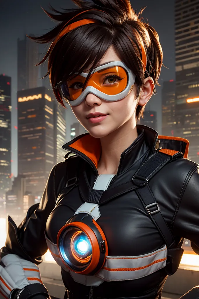 The image is of a young woman with short brown hair and orange eyes. She is wearing a black leather jacket with orange highlights and a white and orange device on her chest. She is also wearing a pair of goggles with an orange frame. The background of the image is a blurred city at night.