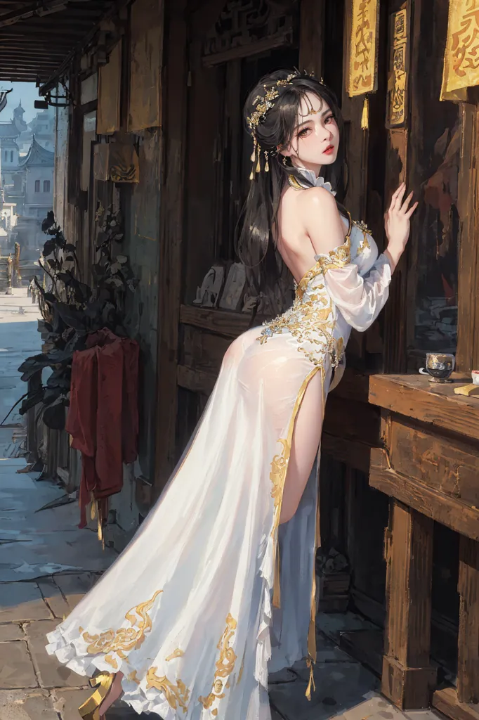 この画像は、白いドレスに金銀のアクセントが施された美しい女性の姿です。ドレスは肩が露出しており、高いスリットが脚を見せています。彼女は首飾りを身に着け、髪はお団子に盛り上げられ、箸が差し込まれています。彼女は木製のドアの前に立っており、左側には植物が、右側にはお茶のカップが置かれたテーブルがあります。