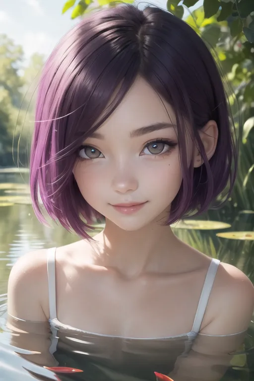 The image is a digital painting of a young woman with short purple hair and brown eyes. She is wearing a white swimsuit and is standing in a river. The water is clear and you can see the reflection of the sun on the surface. There are green leaves and lily pads in the background. The woman is smiling and looks happy.