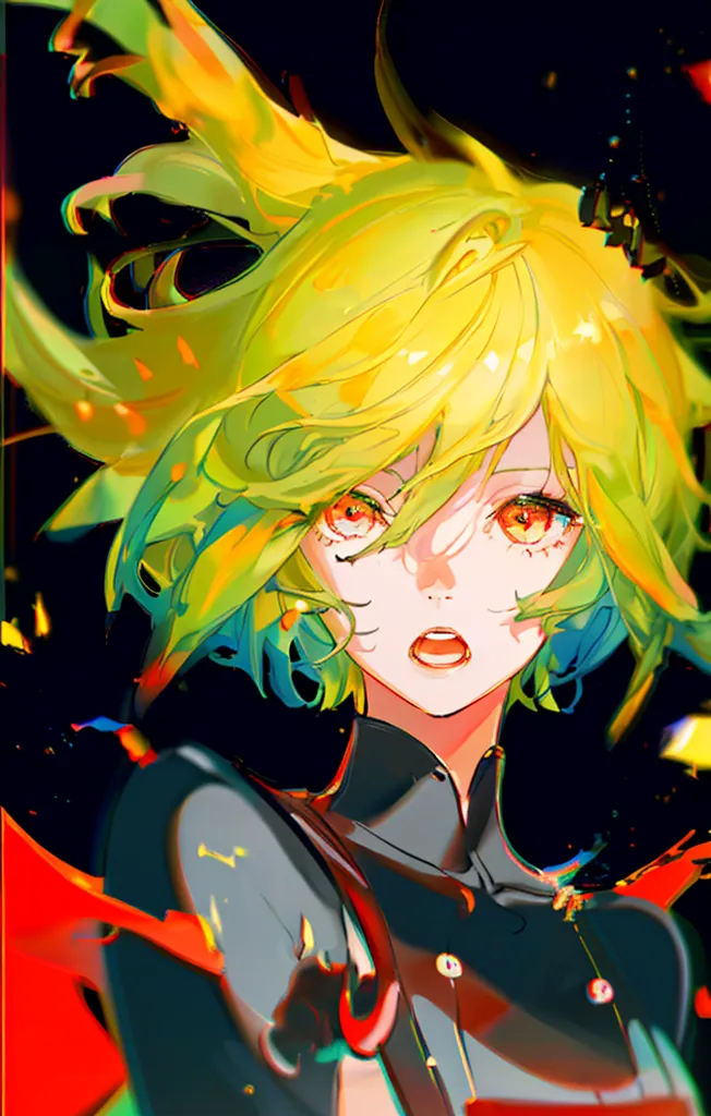 The image is a portrait of a young woman with bright green hair. She has her mouth slightly open and her eyes wide. She is wearing a dark blue shirt with red and yellow details. The background is dark with a few specs of yellow and red. The image is drawn in a semi-realistic style and the colors are very vibrant.