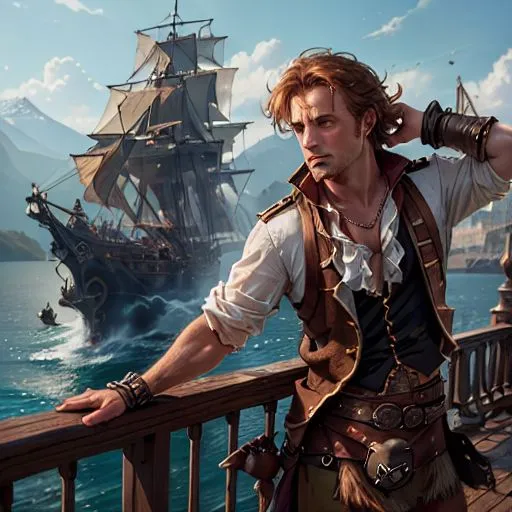 The image shows a man standing on the deck of a ship. He is wearing a white shirt, a brown vest, and a brown hat. He has a sword on his hip and a pistol in his hand. He is looking out at the sea. There is a large ship in the background.