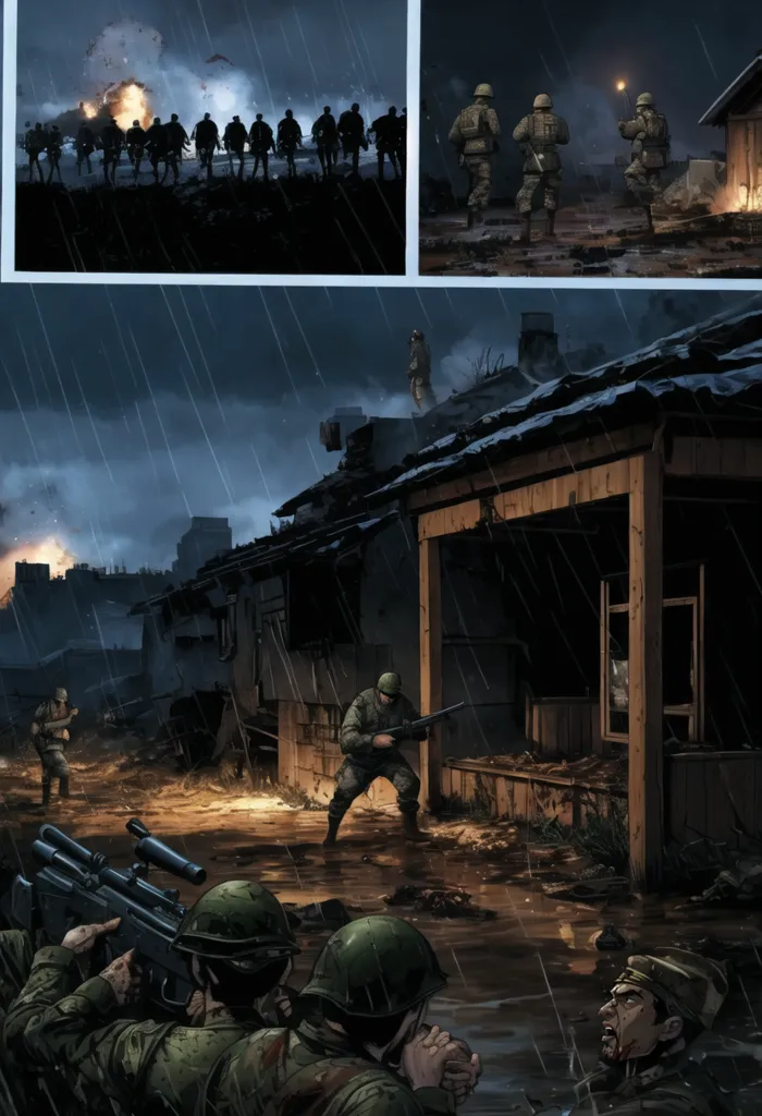 This is a war scene. Soldiers are fighting in the rain. The sky is dark and there are explosions in the background. The soldiers are taking cover behind buildings and firing their guns. One soldier is lying on the ground, dead. The other soldiers are trying to stay alive. The scene is one of chaos and destruction.