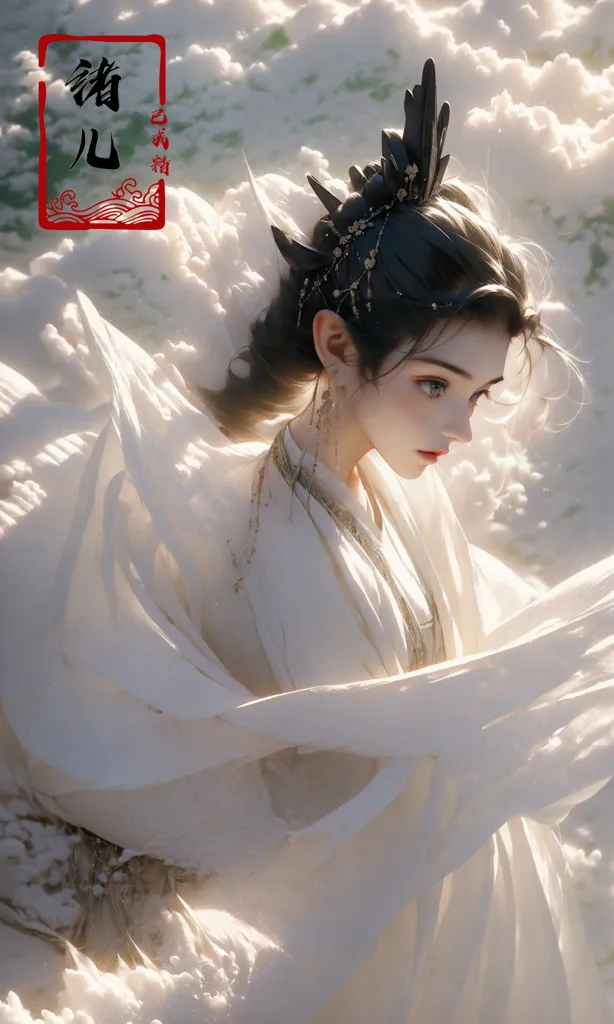 The image is of a beautiful woman with long black hair and white clothes. She is standing in a snowy landscape and is wearing a headdress with two large white feathers. The image is very soft and ethereal, and the woman looks like a fairy (celestial bei