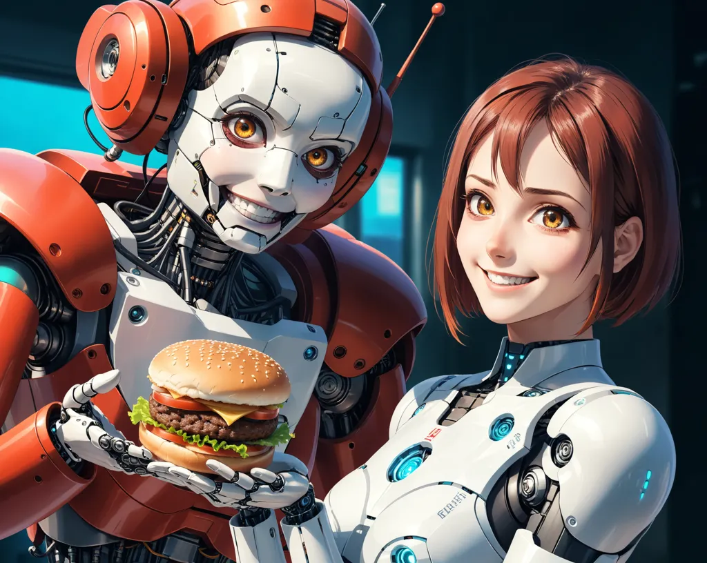 This image shows a robot and a human girl. The robot is red and white, and the girl is wearing a white shirt. The robot is holding a hamburger, and the girl is smiling. The robot has a friendly expression on its face. The background is a blue-tinted cityscape.