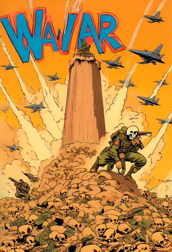 The image is a war scene. There are many dead bodies on the ground. A soldier is standing on a pile of dead bodies. He is holding a gun. There are many airplanes in the sky. They are shooting missiles. There is a large tower in the background. The word "WAIAR" is written in large letters at the top of the image.