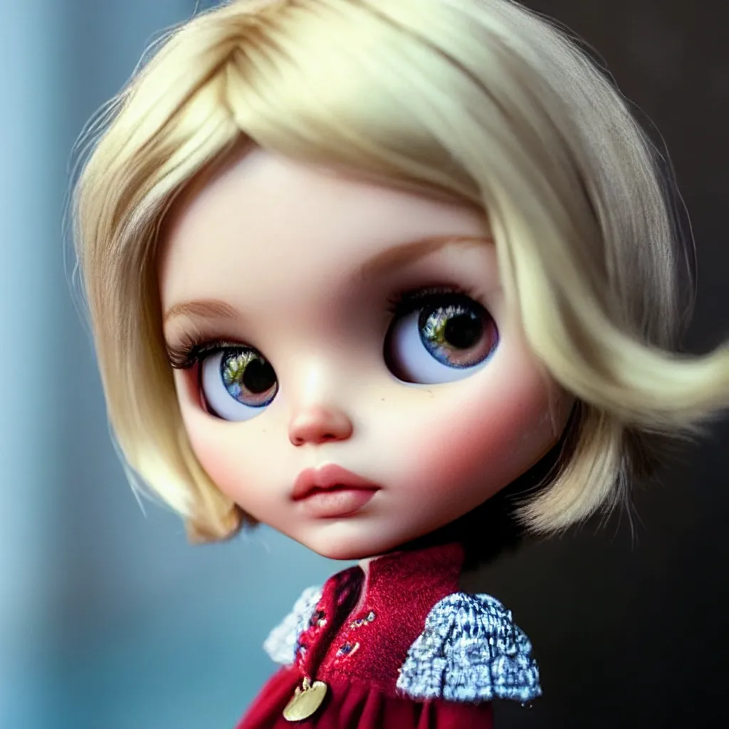 The image shows a doll with short blond hair and blue eyes. The doll is wearing a red dress with a white collar. The doll's face is very detailed, with a slightly open mouth and a pensive expression. The background is a blurry light blue.