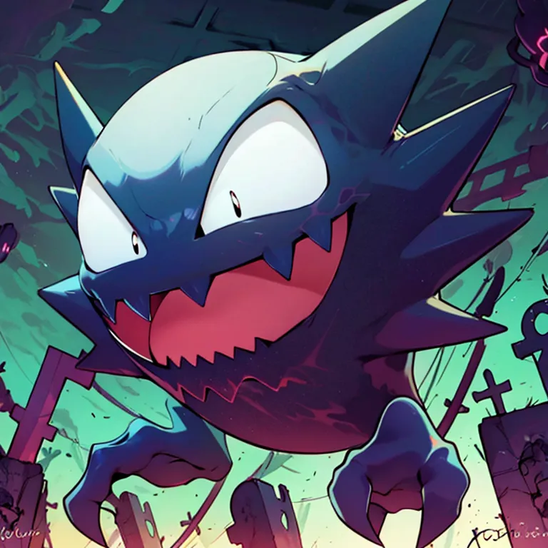 This is an image of a Pokémon. It is a small, blue creature with a large, gaping mouth and sharp teeth and claws. It has a mischievous expression on its face and is surrounded by a dark background with tombstones. The Pokémon is likely to be a ghost type, and it appears to be ready to attack