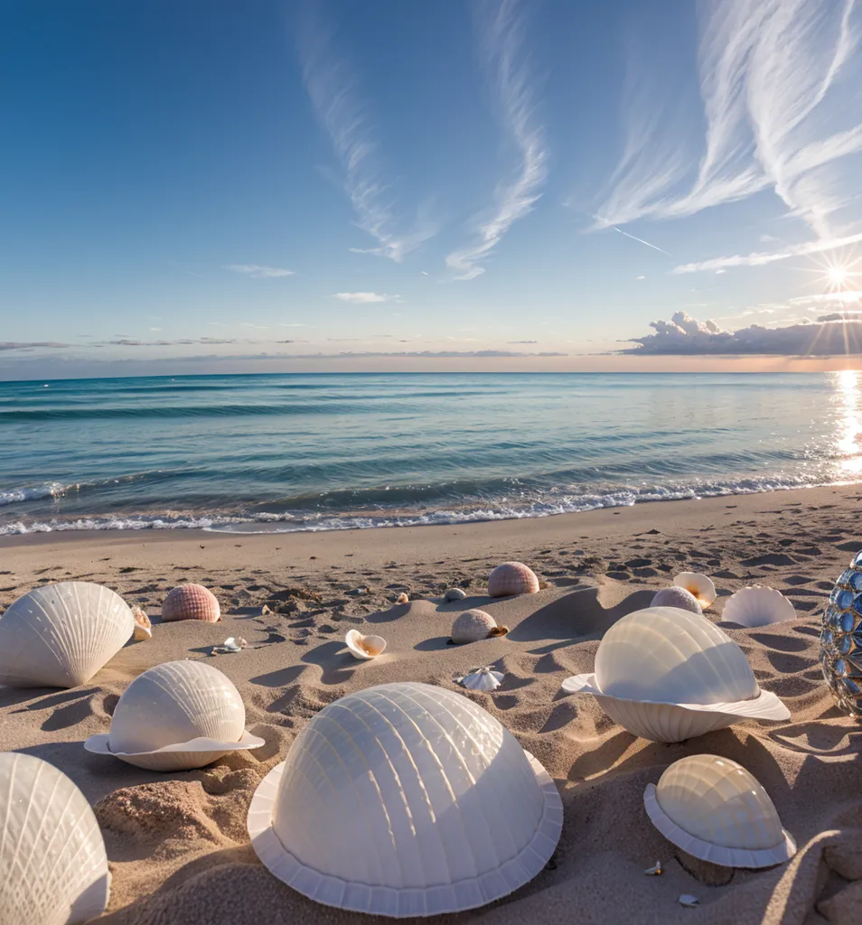 The image shows a seascape with a sandy beach and a blue sea under a bright sky with some clouds. There are many seashells on the beach. Some seashells are in the foreground, and some are further away. The seashells are mostly white, but there are also some colored seashells. The sand on the beach is white and soft. The sea is calm and there are no waves. The sky is blue and there are some clouds. The sun is shining and it is a beautiful day.