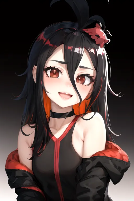 This is an image of an anime girl with long black hair and red eyes. She is wearing a black tank top and a red jacket. She has a flower hairpin in her hair and a choker around her neck. She is smiling and has a happy expression on her face. The background is dark.