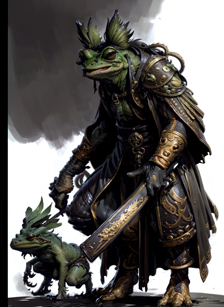 The image shows a anthropomorphic frog in ornate black and gold armor. He has a green and yellow striped mohawk and carries a sheathed sword on his back. He has a smaller frog companion with a similar green and yellow color scheme. The background is white with a grey vignette.