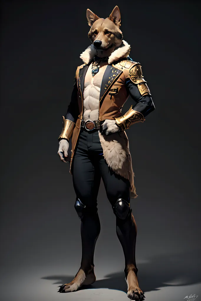 The image shows a muscular, anthropomorphic wolf standing on a grey background. It is wearing a brown jacket with gold trim, black pants, and boots. The wolf has a confident expression on its face and is looking at the viewer with its arms crossed.