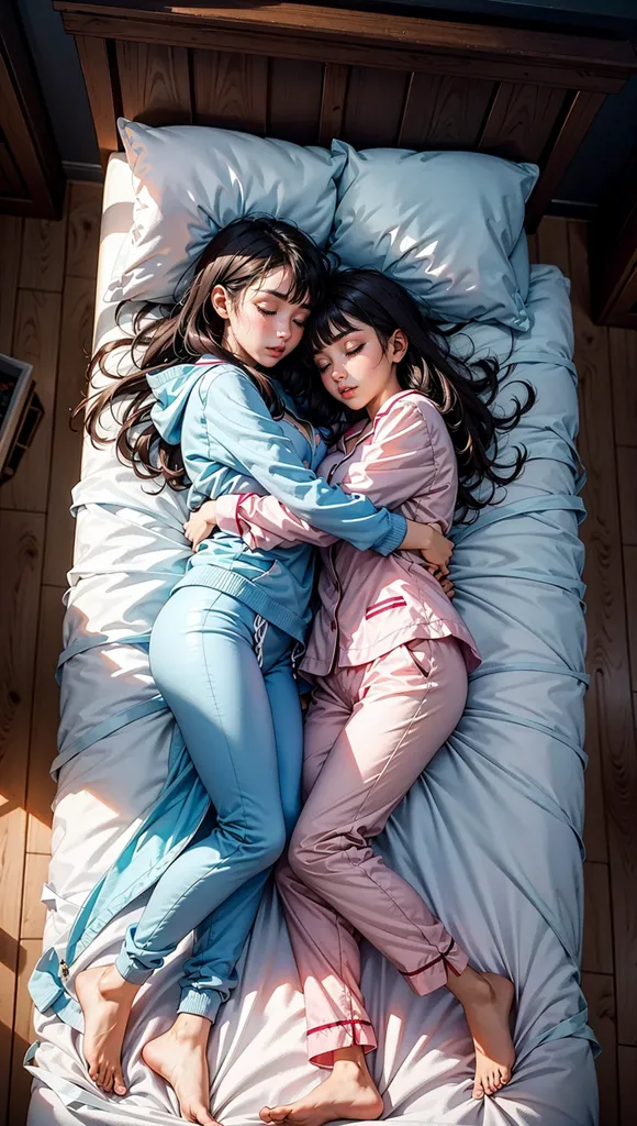 Two young women are sleeping in a bed. They are both wearing pajamas. The woman on the left is wearing a blue pajama, and the woman on the right is wearing a pink pajama. They are both lying on their sides, facing each other, and they are both smiling. The woman in the blue pajama has her arm wrapped around the woman in the pink pajama. The woman in the pink pajama has her hand resting on the woman in the blue pajama's hip. They both have long dark hair. The background is a blurry image of a wooden floor.