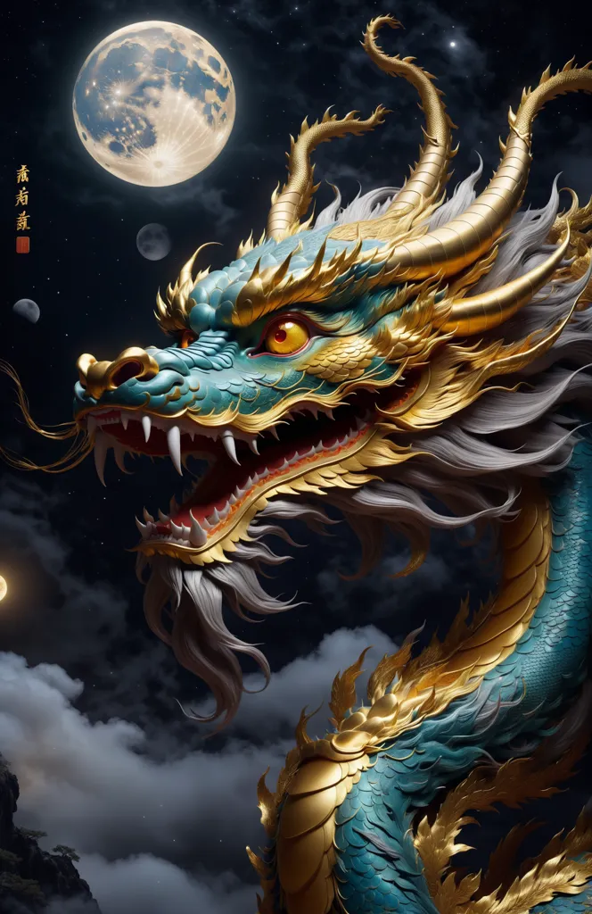 The image is a 3D rendering of a green and gold dragon. The dragon is depicted in a traditional Chinese style, with a long, serpentine body, four legs, and a pair of wings. It has a fierce expression on its face, and its mouth is open, revealing sharp teeth. The dragon is surrounded by clouds, and there is a full moon in the background. The image is set against a dark blue sky, and there are mountains in