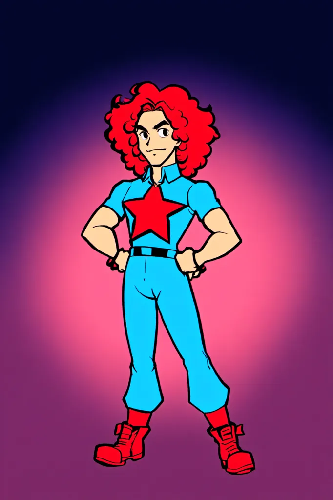 The image shows a superhero with curly red hair. He is wearing a red star on his chest and a blue jumpsuit. He has his hands on his hips and is standing with his feet shoulder-width apart. He is looking at the viewer with a confident expression. The background is a gradient of purple and pink.