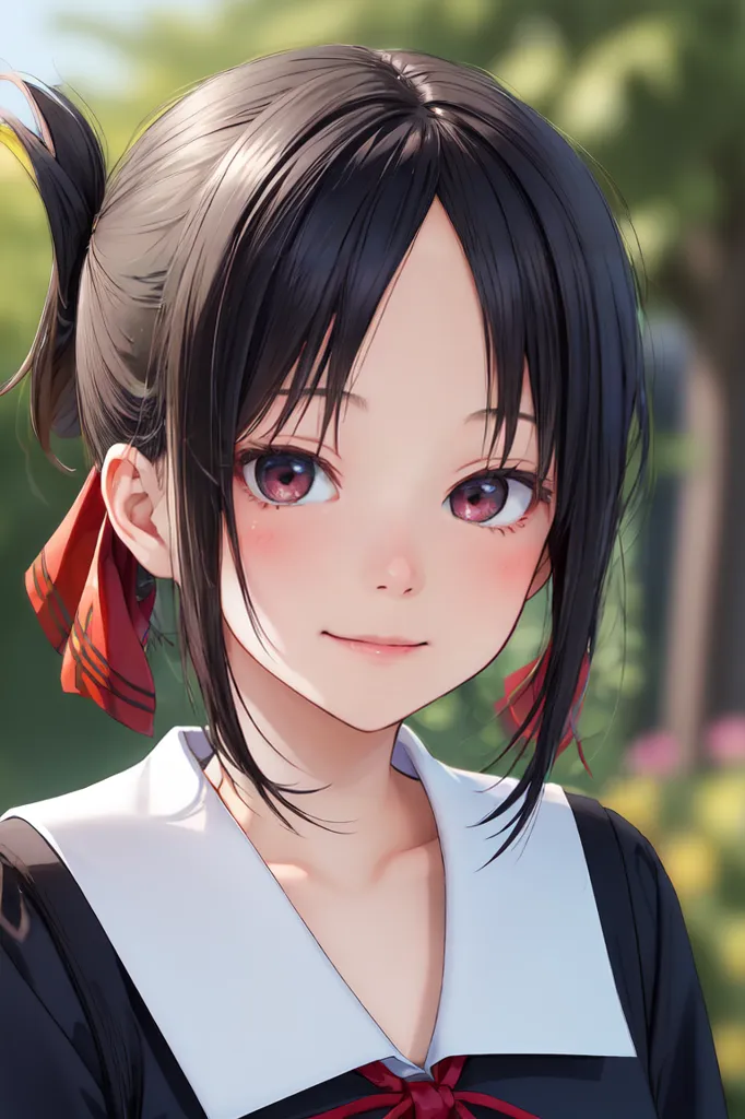 This is an image of an anime girl with black hair and red eyes. She is wearing a white shirt and a black jacket. Her hair is tied up in two ponytails and she has a red ribbon in her hair. She is smiling and looking at the viewer. The background is blurred and green.