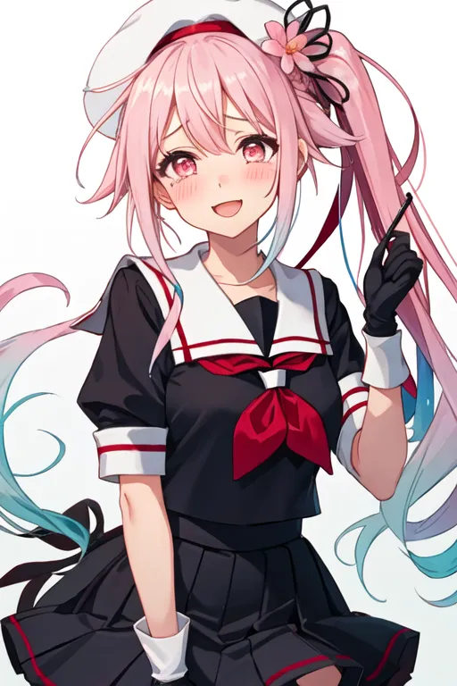 The image shows an anime girl with pink hair and blue eyes. She is wearing a black sailor-style uniform with a red ribbon and a white hat. She has a flower in her hair and is smiling.