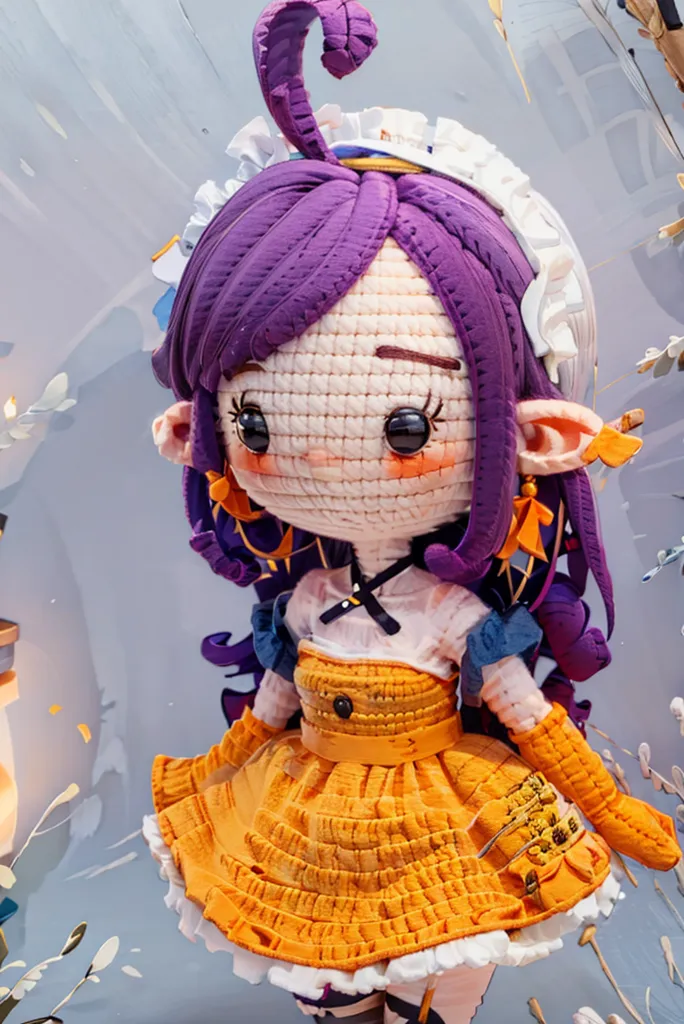 The image shows a cute anime-style doll with purple hair and a yellow dress. The doll has big round eyes and a small nose. She is wearing a white apron. The doll is standing in a soft, white, ethereal-looking place.