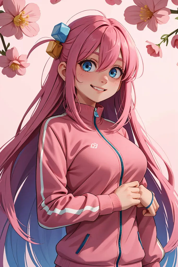 The image shows an anime girl with pink hair and blue eyes. She is wearing a pink tracksuit with white and blue stripes on the sleeves. There are some pink flowers in the background. The girl has a happy expression on her face and is looking at the viewer.