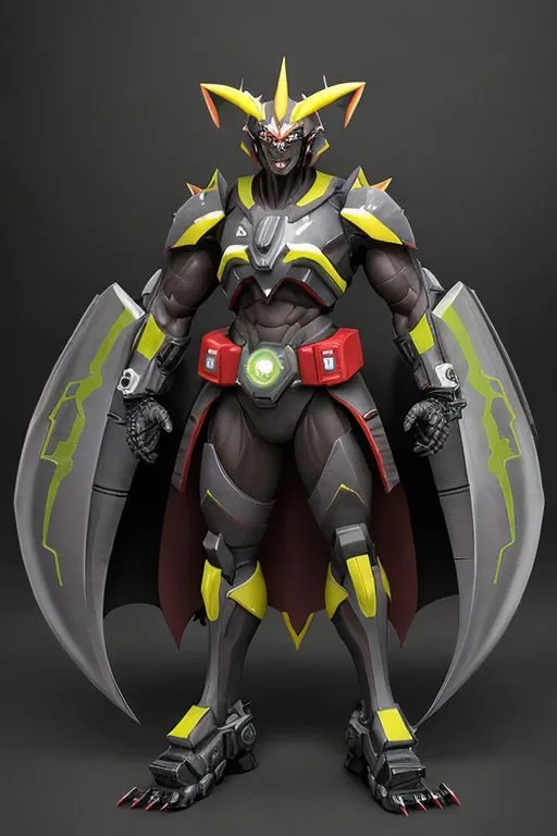 The image shows a 3D rendering of a black and yellow superhero. The superhero is wearing a mask and a suit of armor. The armor has yellow highlights and a green gem in the center of the chest plate. The superhero also has a pair of wings that are folded behind his back. The wings are black on the top and yellow on the bottom.