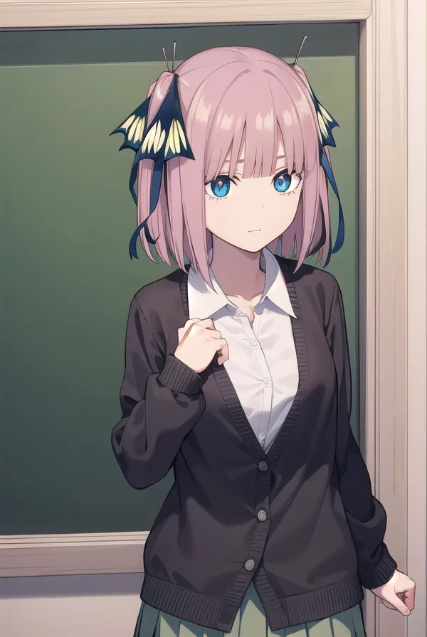 The image shows a young girl with pink hair and blue eyes. She is wearing a white shirt, a black cardigan, and a green skirt. She has a butterfly hairpin on each side of her head. She is standing in front of a blackboard with her left hand on her chest. She looks a little embarrassed.