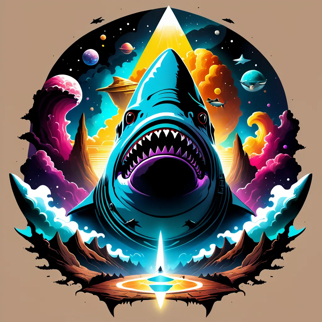 The image is a cartoon shark with a large open mouth full of sharp pointed teeth. It has one large fin on its back and two large pectoral fins. The shark is in front of a large wave and there are clouds and stars in the background. The shark has a UFO above it and there are two planets in the sky. The shark is blue and the background is a bright yellow, orange, pink, and purple.