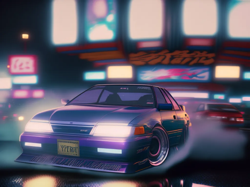 The image is a night scene of a city street with a purple car in the foreground. The car is a Japanese model with a custom body kit and wheels. The street is lined with neon lights and there are buildings in the background. The image is in a retro style and has a VHS aesthetic.