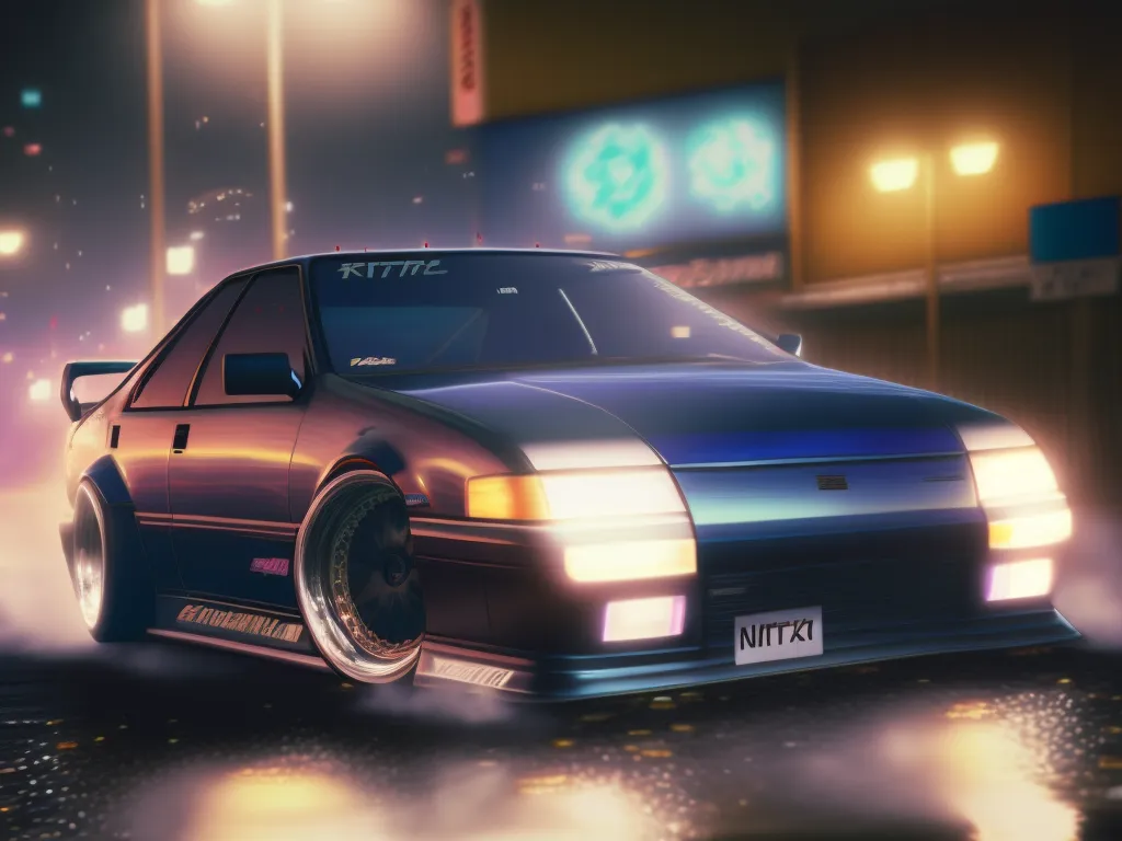 The image is a dark blue car with purple and pink accents. It is parked on a city street at night. The car is lit by the streetlights and the headlights of oncoming cars. The image is in the style of Japanese anime.