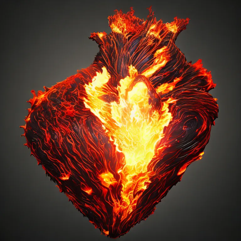 The image is a 3D rendering of a heart made of lava. The heart is pulsante and the lava is flowing in a circular motion. The heart is surrounded by a dark background.