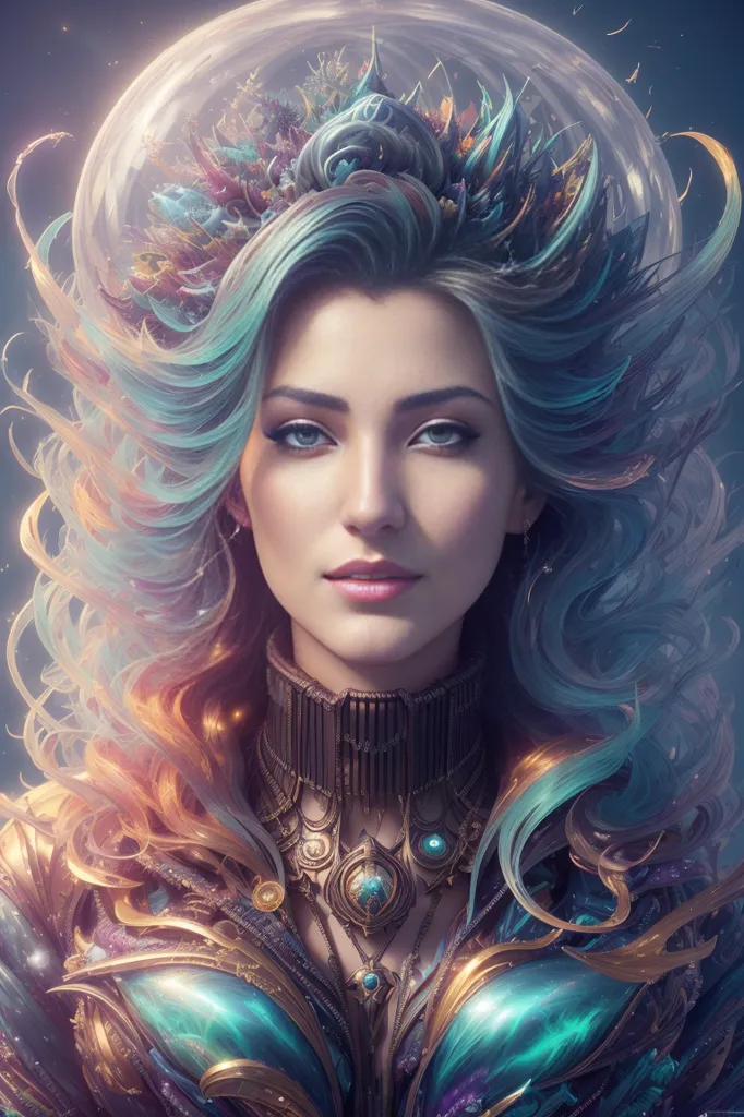 The image is a portrait of a beautiful woman with long, flowing hair. Her hair is a mix of blue, green, and purple, and it is styled in a way that is both elegant and ethereal. The woman's eyes are a deep blue, and they are set in a wide, almond-shaped face. Her nose is small and delicate, and her lips are full and pouty. The woman's skin is flawless, and it has a healthy, radiant glow. She is wearing a gold and silver necklace, and there is a blue gem in the center of the necklace. The woman is also wearing a gold and silver headdress, and there are several blue gems on the headdress. The woman's expression is one of calm serenity, and she seems to be at peace with herself and the world around her. The background of the image is a soft, light blue, and it serves to highlight the woman's beauty and grace.
