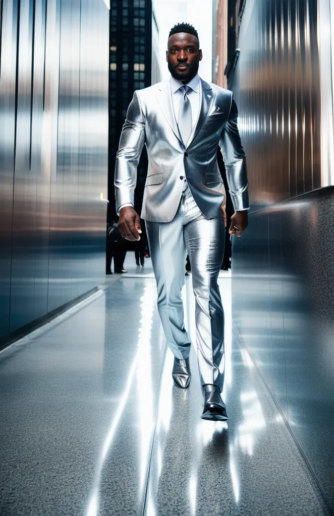 The image is of a man walking down a city street. He is wearing a silver suit and tie. The man is muscular and tall, with a confident expression on his face. He is walking with purpose, like he is on a mission. The background of the image is blurred, with people walking in the distance. The image is well-lit, with the sun shining down on the man. The man's silver suit is reflecting the light, making him look like he is glowing. The image is a portrait of a successful and confident man.