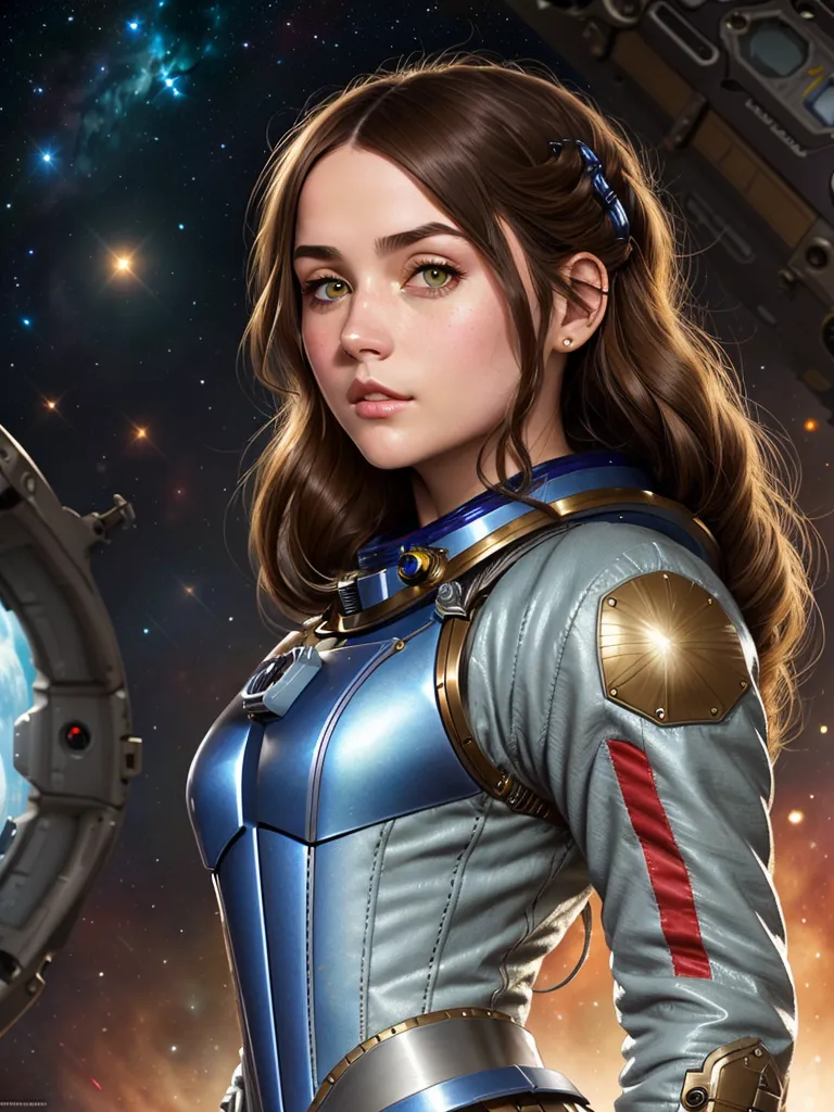 The image shows a young girl in a spacesuit with brown hair and green eyes. She is standing in front of a spaceship with a starry background. She is wearing a light blue spacesuit with a white collar and red and gold shoulder pads. She has a confident expression on her face.