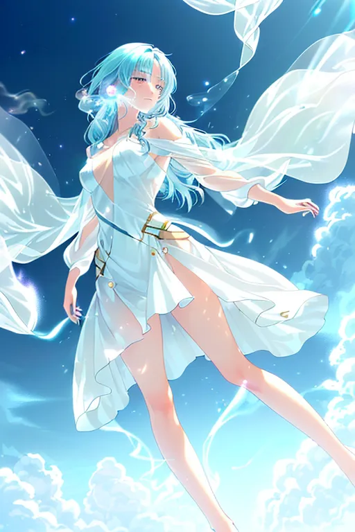 The image is of a beautiful young woman with long, flowing blue hair. She is wearing a white dress with a thigh-high slit and a gold belt. She is barefoot and has her arms outstretched to the sides. Her eyes are closed and she has a serene expression on her face. She appears to be floating in the air, surrounded by a few, wispy clouds.