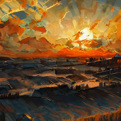 The painting is in a realistic style and depicts a sunset over a rural landscape. The sky and clouds are ablaze with color, with oranges and yellows dominating the scene. The sun is setting behind a distant mountain range, and its rays are casting long shadows over the fields and trees. The foreground of the painting is a dark, almost black, field, with a few trees and houses scattered about. The painting is full of contrast, with the bright colors of the sky and clouds set against the dark tones of the foreground. The overall effect is one of beauty and tranquility.