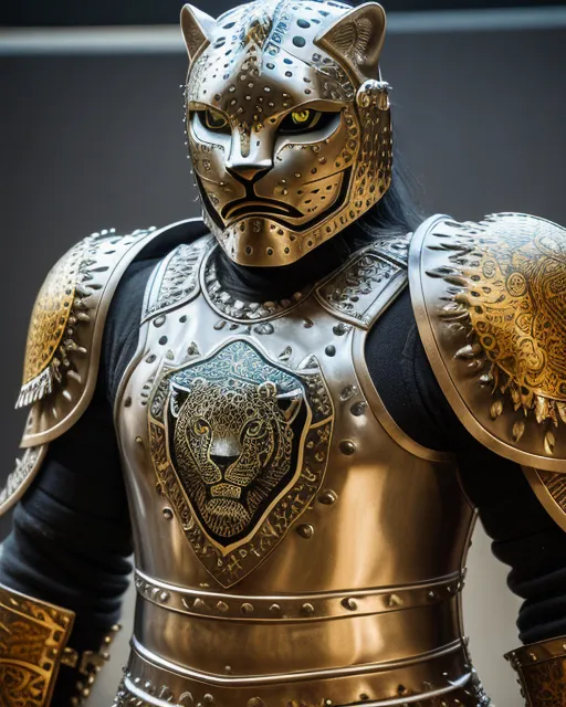 The image shows a person in a suit of armor. The armor is made of metal and is decorated with gold and silver. The person is wearing a helmet that has a jaguar face on it. The jaguar face has green eyes and sharp teeth. The person is also wearing a cape that is made of fur.