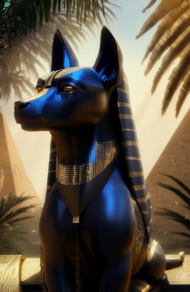 The image is a 3D rendering of Anubis, the Egyptian god of death, mummification, embalming, and the underworld. He is depicted as a jackal-headed man with black fur and a long tail. He is wearing a golden collar and a golden headdress with a uraeus. He is sitting on a throne made of stone with hieroglyphs on it. Behind Anubis, there are two palm trees and two pyramids. The image is set in a desert landscape with a clear blue sky.