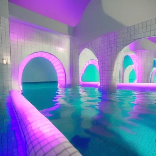 A imagem é uma renderização 3D de uma piscina coberta. A piscina é cercada por paredes brancas e tem um teto curvo. A água da piscina é de uma cor azul brilhante e é iluminada por luzes rosa e roxas. Não há pessoas na imagem, o que lhe dá uma sensação um tanto sombria.