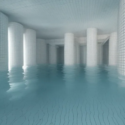 The image is a 3D rendering of a swimming pool. The pool is empty, and the water is a deep blue color. The walls and floor of the pool are made of white tiles. There are several columns in the pool, which are also made of white tiles. The columns are arranged in a grid pattern. There is a door in the back wall of the pool. The door is made of metal and has a round window. There is a light fixture on the ceiling of the pool. The light fixture is made of metal and has a frosted glass cover.