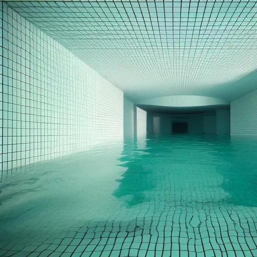 The image is a long, narrow swimming pool with white tiled walls and a blue tiled floor. The water is murky and still. There is a single light at the end of the pool, which is casting a long shadow. The pool is surrounded by white tiled walls, which are covered in water stains. The image is eerie and unsettling, and it seems like something out of a dream.