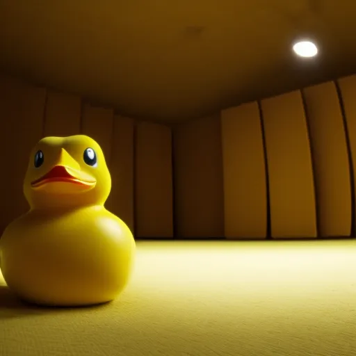 Um pato de borracha amarelo está sentado em uma sala vazia e amarela. A sala é iluminada por um único holofote. O pato está de frente para a câmera. O pato tem um olho preto pequeno e um nariz preto triangular. O pato está sentado em um chão amarelo. A sala é feita de paredes acolchoadas amarelas. A sala está vazia, exceto pelo pato.