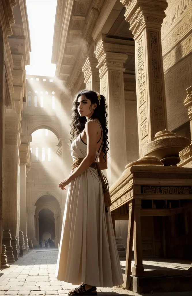 The image shows a young woman standing in an ancient Egyptian temple. She is wearing a long, white dress with a sash around her waist and sandals on her feet. Her hair is long and dark, and she is wearing a headband with a flower in it. She is looking to the side with a serious expression on her face. There is a table to her right with some objects on it. The temple is made of stone and has large columns and hieroglyphs on the walls. There are rays of sunlight shining through the columns.