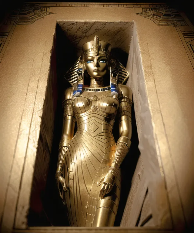 The image shows a golden statue of a woman. She is wearing a crown and a necklace. Her eyes are blue and her lips are red. She is standing in a stone sarcophagus with her arms at her sides. The sarcophagus is decorated with hieroglyphs.