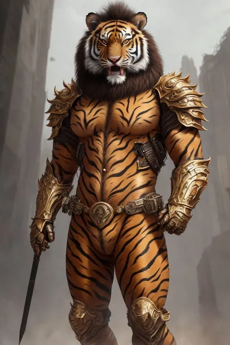 The image depicts a muscular anthropomorphic tiger wearing golden armor. The tiger-man has a defined musculature, with visible abs and a V-shaped torso. His face is that of a tiger, with a wide mouth and sharp teeth. He is wearing a golden helmet with a red plume, and his body is covered in golden armor. He is also wearing a brown loincloth and a pair of golden boots. In his right hand, he is holding a sword. The background of the image is a ruined city, with buildings in the background.