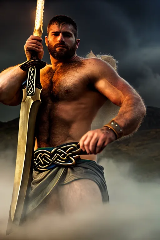The image is of a muscular, bearded man with long brown hair. He is dressed in a loincloth and a belt with a Celtic knot design. He is holding a large sword with both hands. The background is a dark, stormy sky with a mountain in the distance. The man's expression is one of determination and strength. He is standing with his feet shoulder-width apart, his knees slightly bent, and his shoulders back. His muscles are tensed and his veins are visible. He is clearly ready for battle. The image is bathed in a golden light, which highlights the man's muscularity and strength. The overall effect is one of power and ferocity.