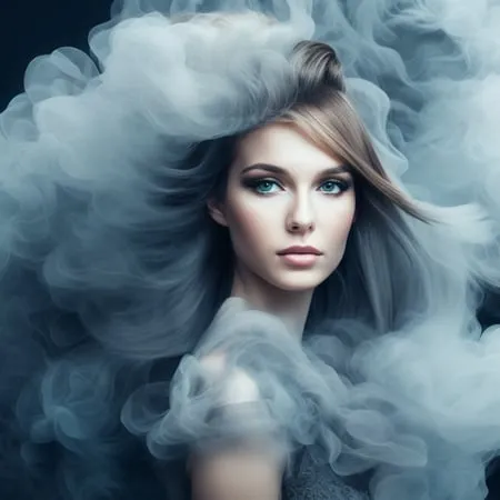 The image is a portrait of a young woman with long blonde hair and blue eyes. She is wearing a white dress with a sweetheart neckline. The woman is standing in front of a dark background, and her hair is blowing around her face. There is smoke or mist around her head and shoulders. The image is soft and ethereal, and the woman's expression is one of peace and serenity.