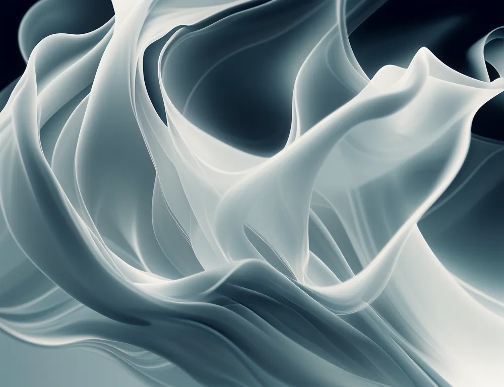 The image is a 3D rendering of a white silk cloth. The cloth is draped in a way that creates a sense of movement and depth. The image is lit from the top right, which creates highlights and shadows that accentuate the folds of the cloth. The background is a dark blue, which makes the cloth appear to be floating in space. The image is very detailed and realistic, and it has a soft, ethereal quality.