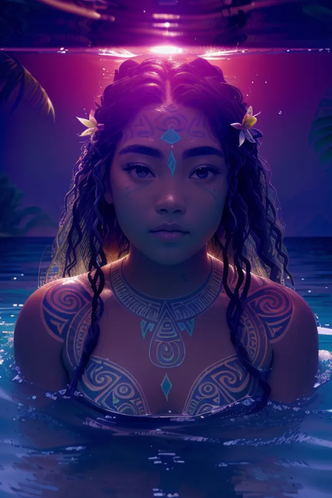 The image is a portrait of a young woman with dark brown hair and brown eyes. She is wearing a necklace made of seashells and flowers. The woman is standing in water, and her body is covered in intricate tattoos. The background is a dark blue color, and there is a bright light shining down on the woman. The image is very detailed, and the woman's expression is one of peace and serenity.