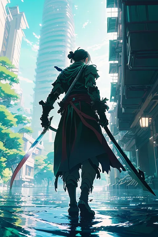 L'image est une œuvre conceptuelle d'un samouraï dans une ville cyberpunk. Le samouraï porte une tenue noire et rouge et porte deux katanas. La ville est en arrière-plan et est représentée comme un paysage urbain futuriste et élevé avec un ciel bleu. Le samouraï traverse une rue inondée et est entouré de bâtiments. L'image est sombre et morose et a une forte atmosphère.