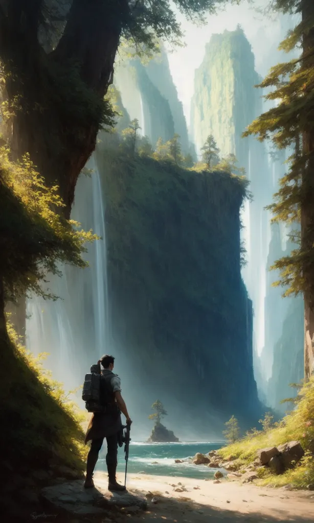 The image is a digital painting of a man standing in a lush canyon. The man is wearing a brown jacket and pants, and he is carrying a backpack and a gun. He is looking out at the view of the valley, which is filled with waterfalls, cliffs, and trees. The painting is done in a realistic style, and the colors are vibrant and lifelike. The image is full of detail, and the artist has clearly put a lot of thought into its composit