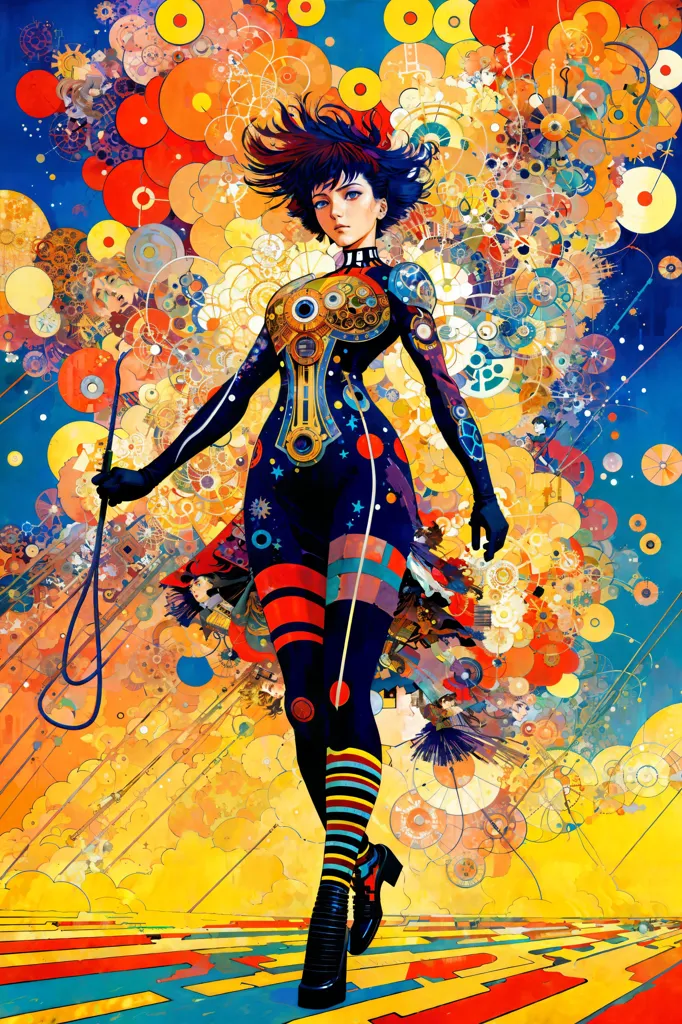 This is an image of a woman with short black hair and blue eyes. She is wearing a black bodysuit with a colorful pattern and a red and white striped skirt. She is also wearing a pair of black boots and a black hat. She is standing in front of a colorful background with a lot of circles and other shapes. The woman is holding a whip in her right hand. She has a serious expression on her face.